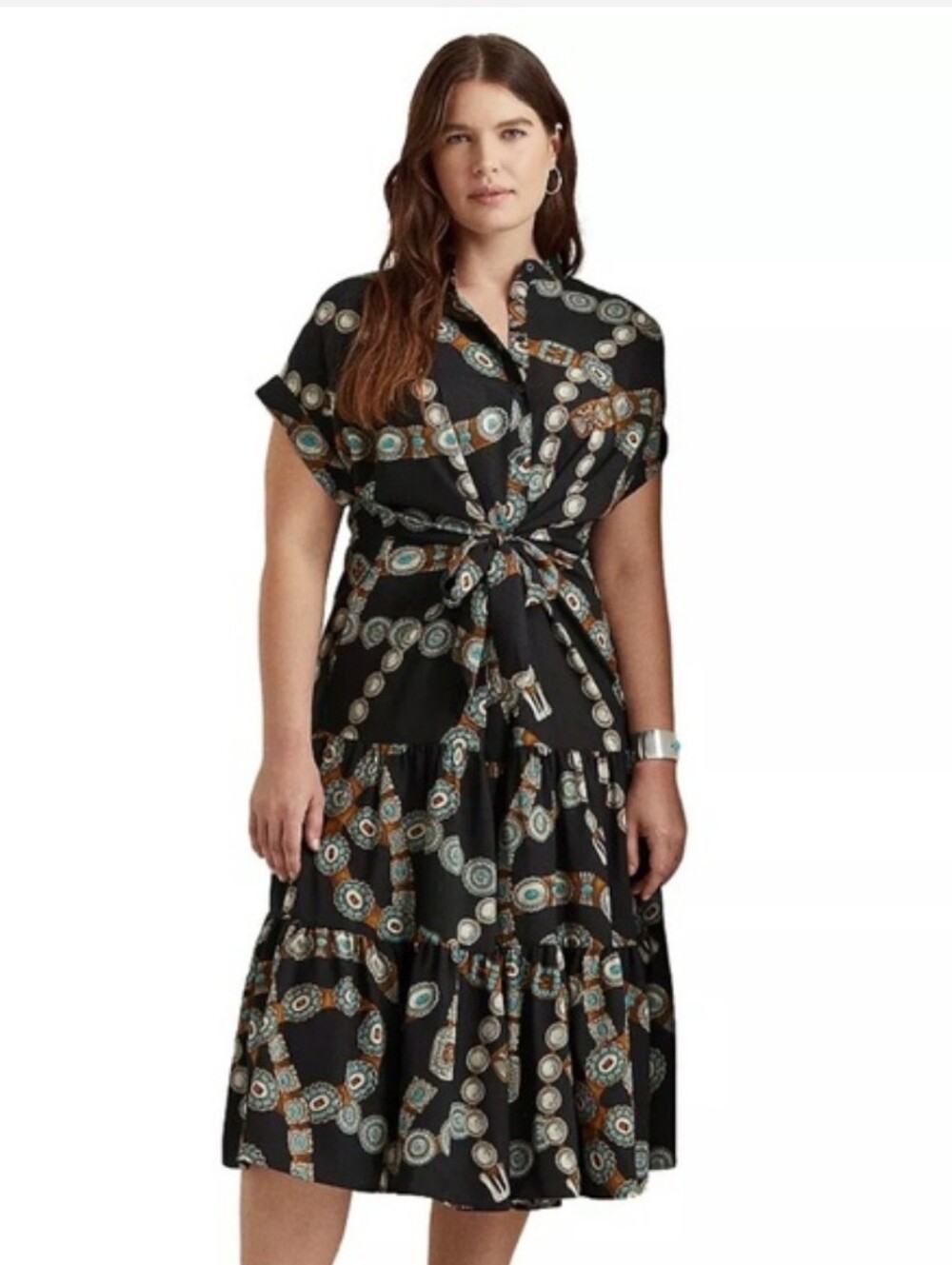 Ralph Lauren 12 Western Belt Printed Tie-Waist Midi Dress